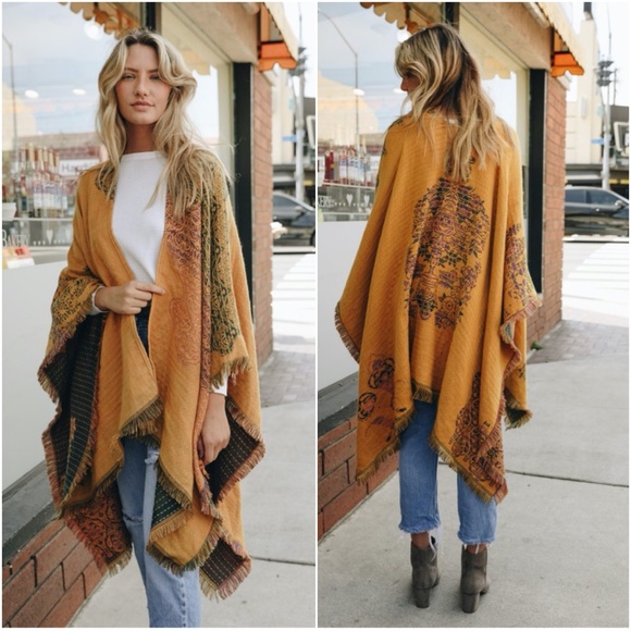BellanBlue Sweaters - Boho mustard floral print paisley poncho kimono Shawl